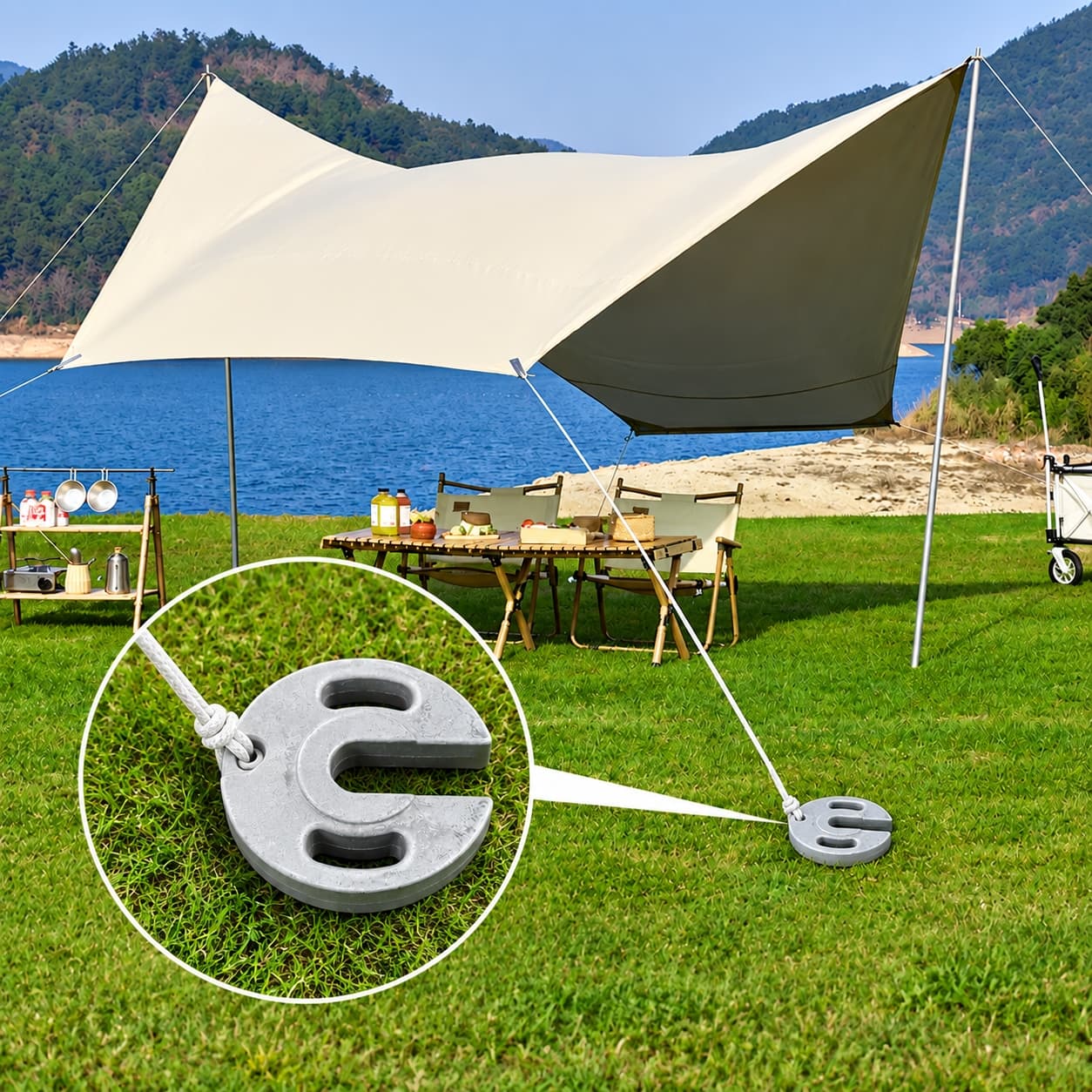 Cast iron tent weight connected to a canopy guy rope