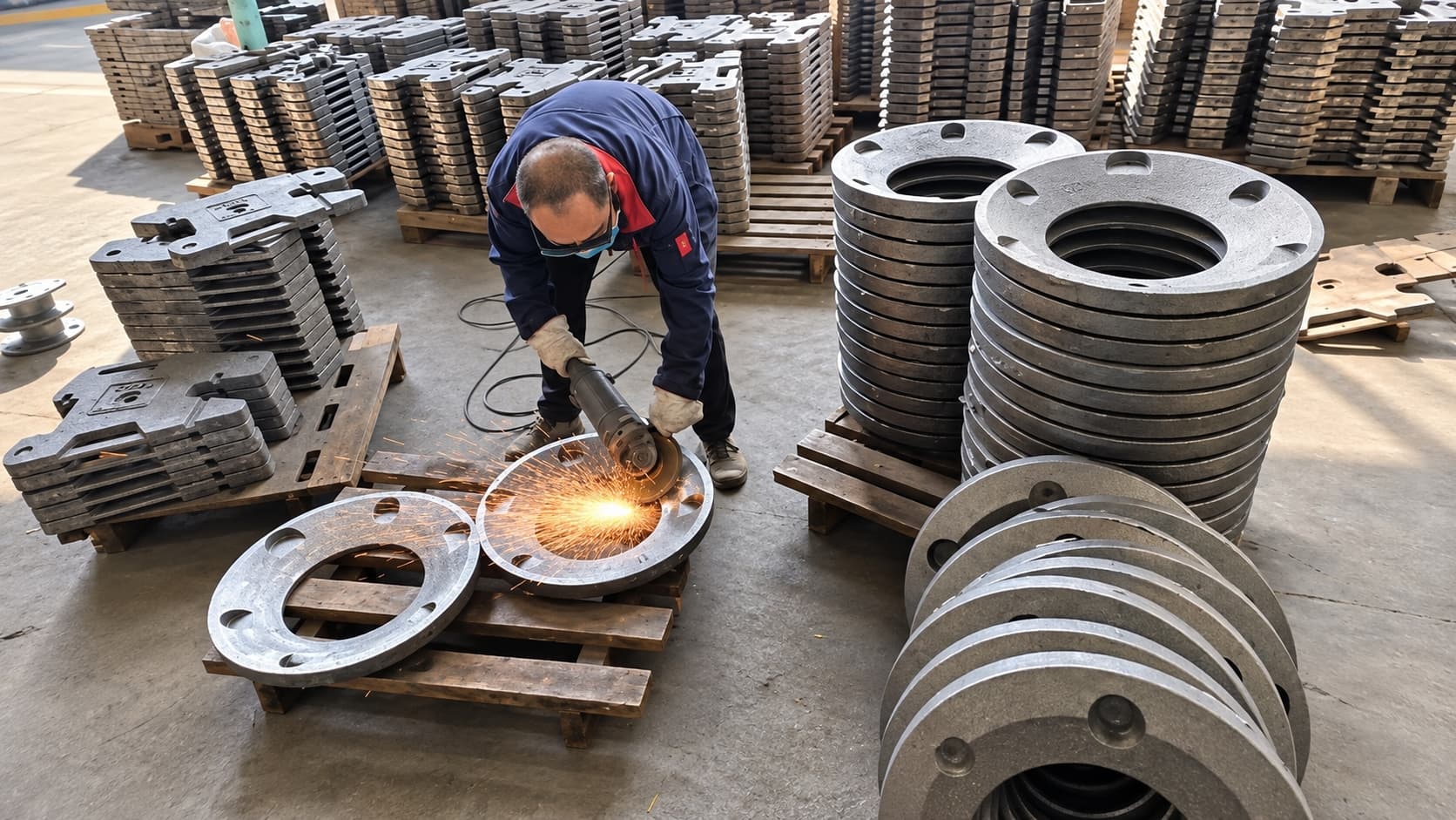 Worker finishing cast iron counterweights among large production batches