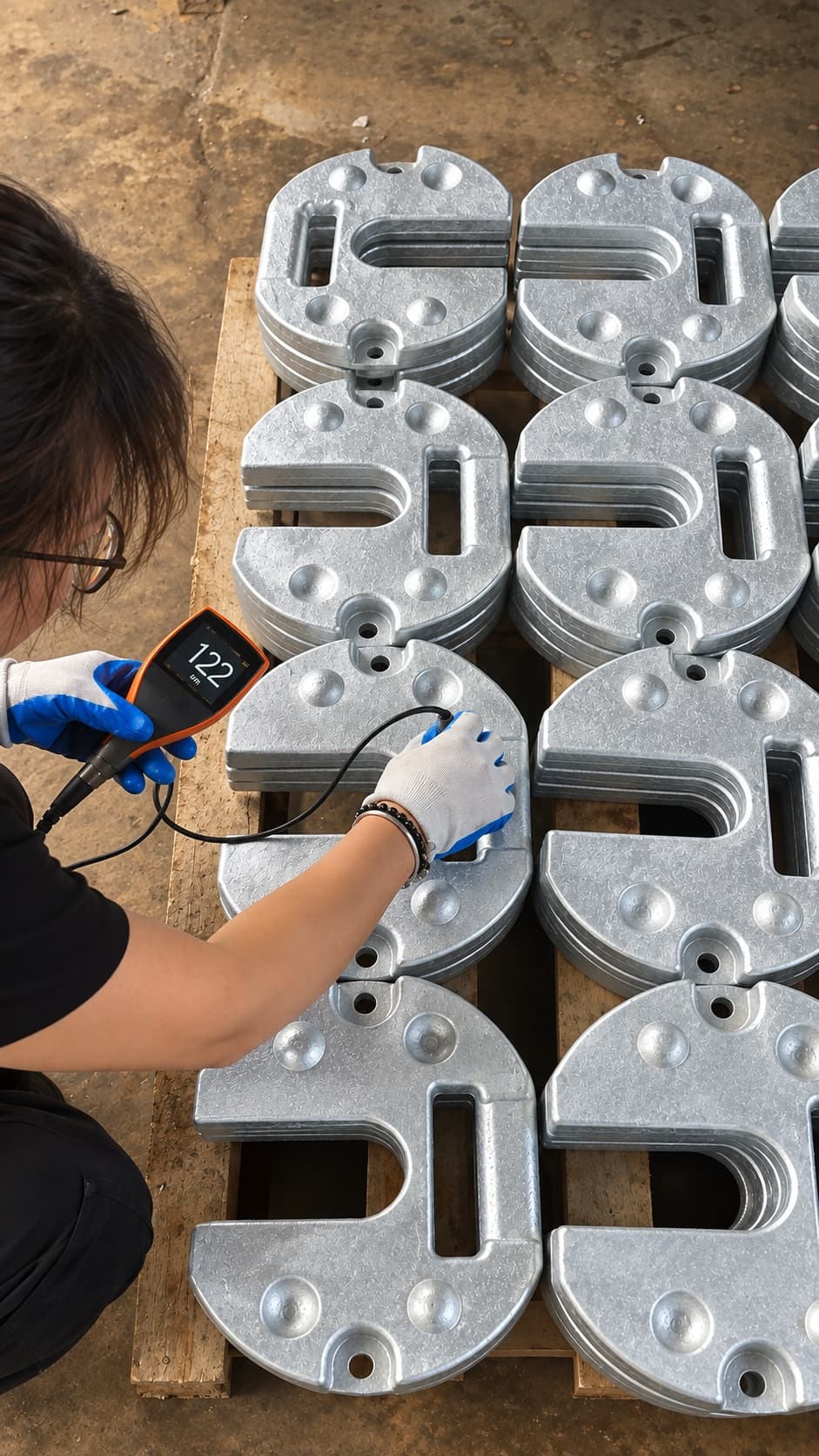 Coating thickness inspection on galvanized cast iron weights