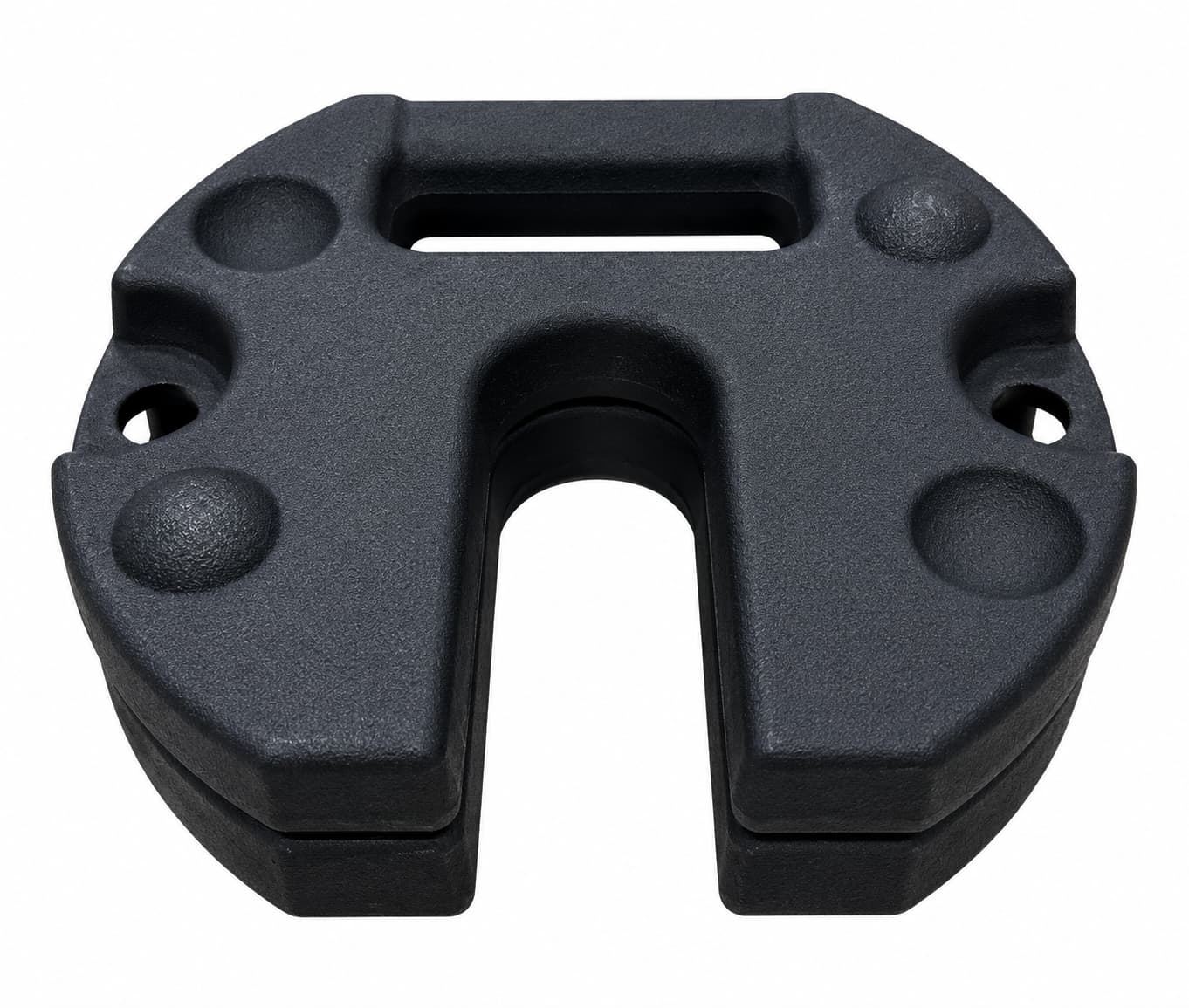 Two black cast iron tent weights stacked together with a matte textured finish